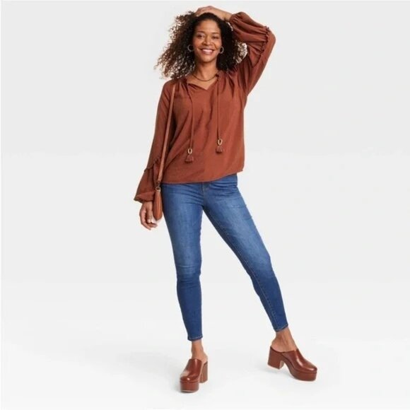 Knox Rose Women's Balloon Long Sleeve Blouse Brown XL - Picture 4 of 9